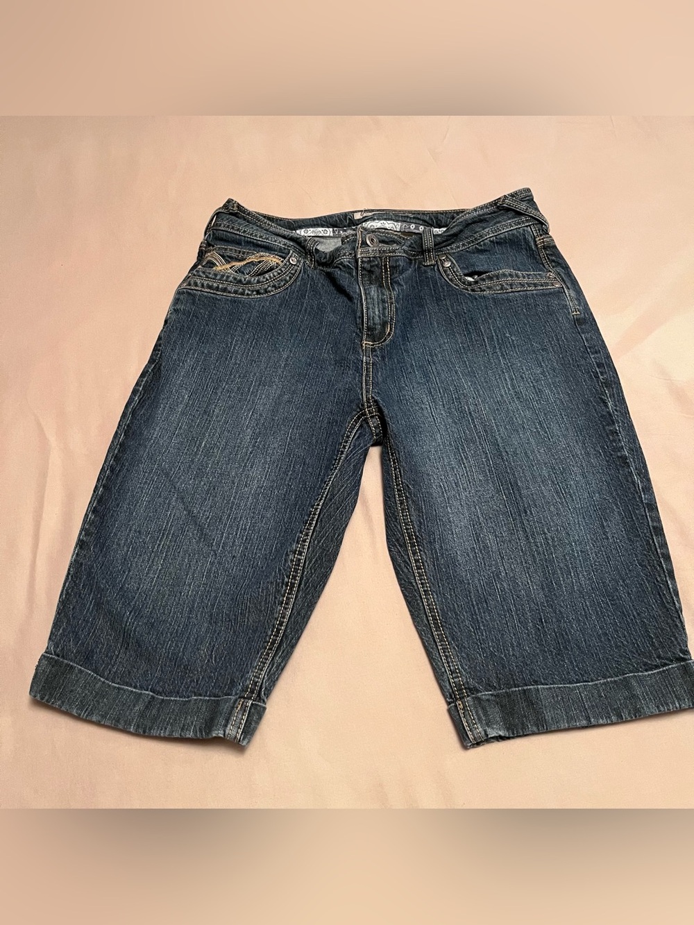 Urban Star Women's High Rise Blue Denim Cuffed Jean Shorts with Embroidery